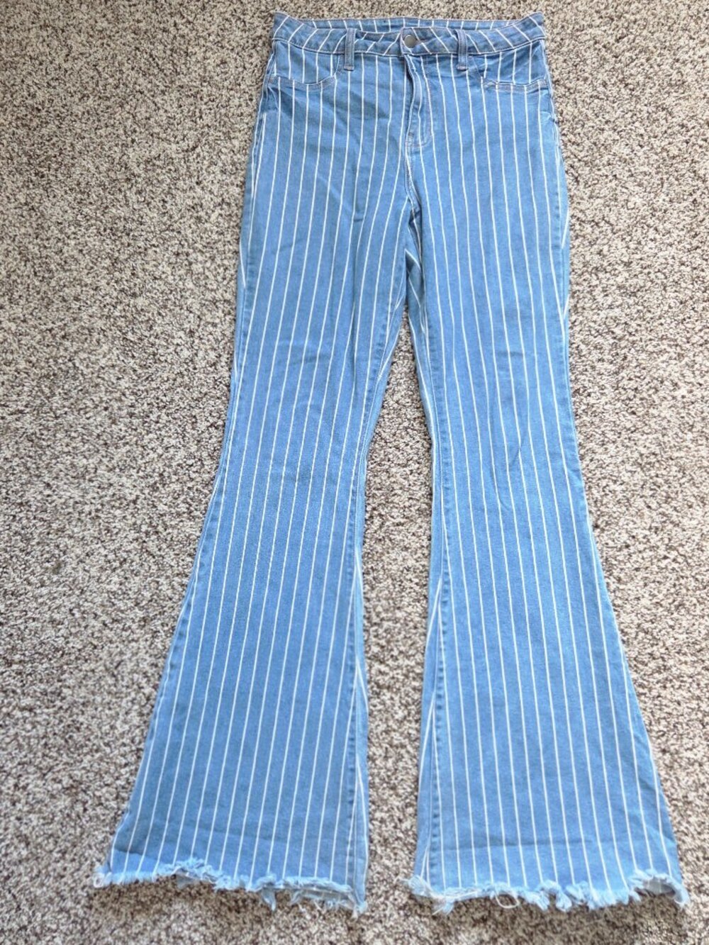 Fashion Nova Women's Striped Flared Stretch Blue Denim Jeans  Size 9 Raw Hem